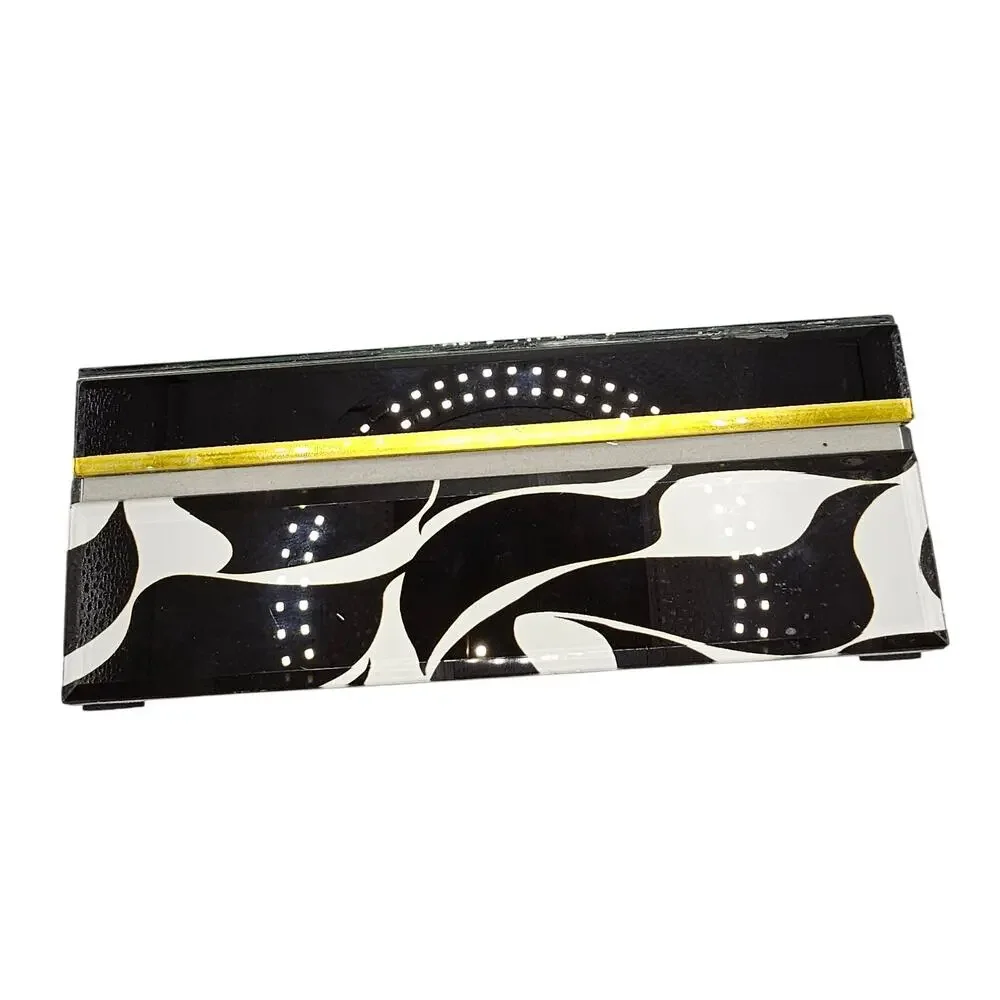 Trina Turk Mirror Print Jewelry Trinket Box Black White Wave Design Gold Trim